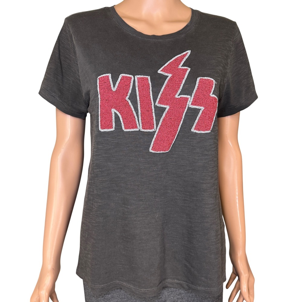 Lucky Brand KISS Beaded Graphic‎ Tee Charcoal Grey Rock Band Shirt Womens Medium
